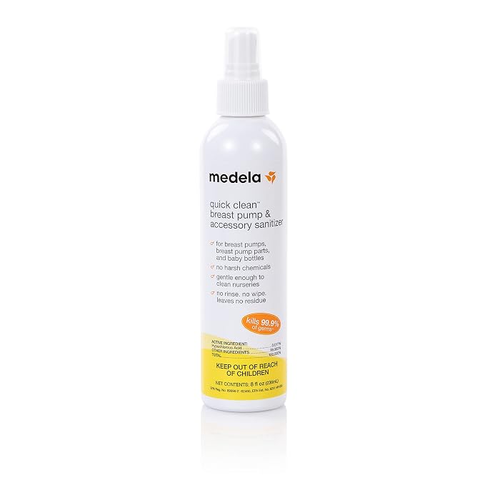Medela Quick Clean Breast Pump and Accessory Sanitizer Spray Safe No Rinse Breastpump Sterilizer Eliminates 99.9 of Common Bacteria and Germs 8 Fluid Ounces, Clear