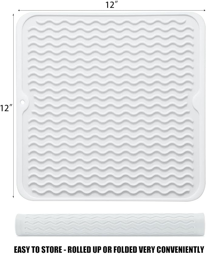 Silicone Dish Drying Mat for Multiple Usage, Easy clean, Eco-friendly, Heat-resistant Dish Drainer Mat for Kitchen Counter,Sink,Refrigerator or Drawer liner (12" x 12", Translucent)