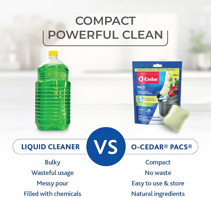 O-Cedar PACS Hard Floor Cleaner, Crisp Citrus Scent 24 Count (1-Pack) | Made with Naturally-Derived Ingredients | Safe to Use on All Hard Floors | Perfect for Mop Buckets