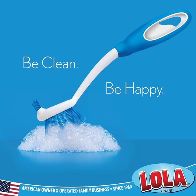 Dish Brush Scrubber for Kitchen, 2 Pack, by LOLA, Has Stiff Bristles & Food Scraper, Comfort No-Slip Grip Handle, Safe for Non-Stick & Coated Cookware