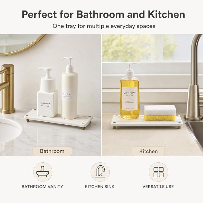 Razborci Instant Dry Sink Caddy Kitchen Sink Organizer, Quick Drying Stone Tray Diatomite Sponge Holder Soap Dish, Bathroom Countertop Fast Dry Water Absorbing Vanity Rack, Gold White, 12" x 5"