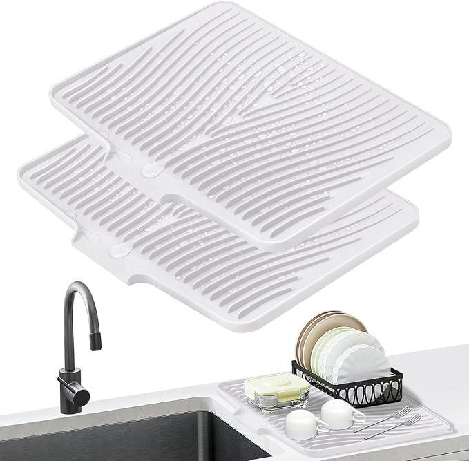Silicone Dish Drying Mat for Kitchen counter, 15.8"x13" 2Pcs Extra Large Non-Slip Drain Pad with Built-in Drainage, Heat Resistant Dishwasher Safe, Ivory