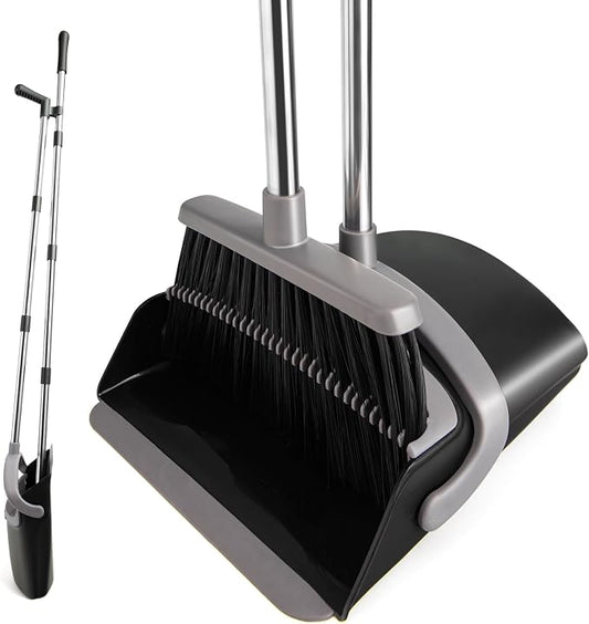 Broom and Dust Pan Combo Set,51.2" Long Handle,Charcoal | Stand up Dustpans with Broom Combo, Indoor & Outdoor Sweeping, for Home Room Kitchen Office Lobby