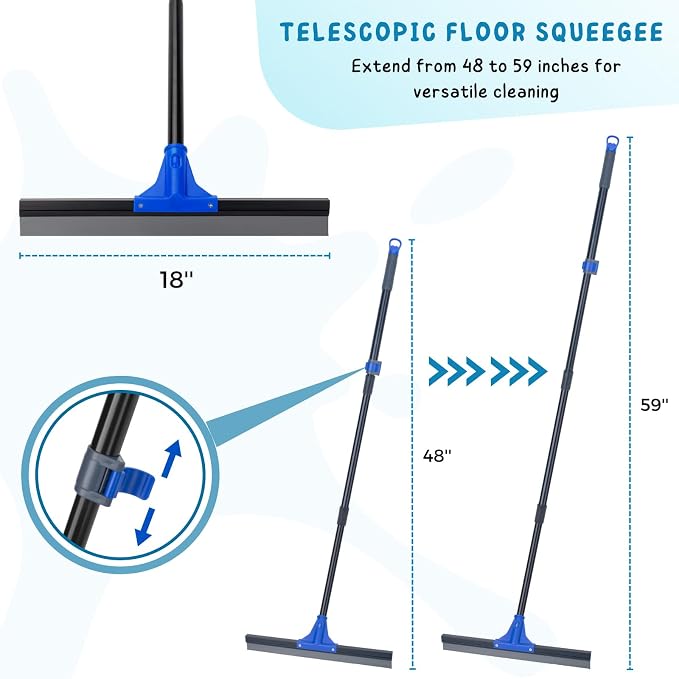 Floor Squeegee with Telescopic Long Handle 59'', Heavy Duty 18" Rubber Wiper Broom for Concrete, Bathroom Tile, Garage, Deck