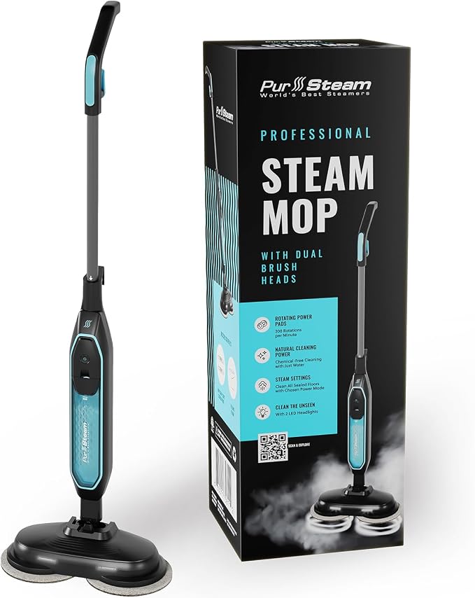 PurSteam ScrubMaster Steam Mop with Dual Scrubbing Head and LED Lights | Dual Scrubbing Head | LED Headlights | Adjustable Steam Control | Anti-Slip Swivel Head | Cable Holder | Upright Lock