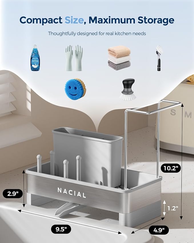 Nacial Sponge Holder for Kitchen Sink, Sink Caddy Organizer with High Brush Holder & Two Towel Racks - Rustproof 304 Stainless Steel Kitchen Countertop Storage Essentials - Gris
