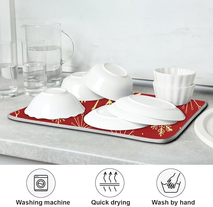 Christmas Snowflakes On Red Dish Drying Mat for Kitchen, Absorbent Microfiber Drying Pad Dish Mat, 24" X 18"