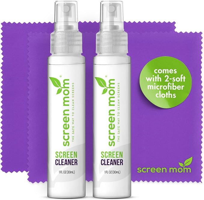 Screen Mom Screen Cleaner Spray 2 Pack-2x1oz for TV, Car, Laptop & Computer | Streak-Free Cleaning, Glass & OLED Safe, Alcohol & Ammonia Free, Includes 2-Microfiber Cloths, Removes Fingerprints & Smudges