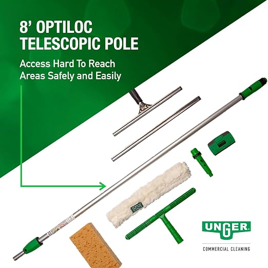 UNGER Commercial Window Cleaning Kit - Heavy Duty StripWasher Set PWK00 | Equipped with squeegees, a durable scraper, sponge, and extendable 8' telescopic pole; High-Performance Cleaning