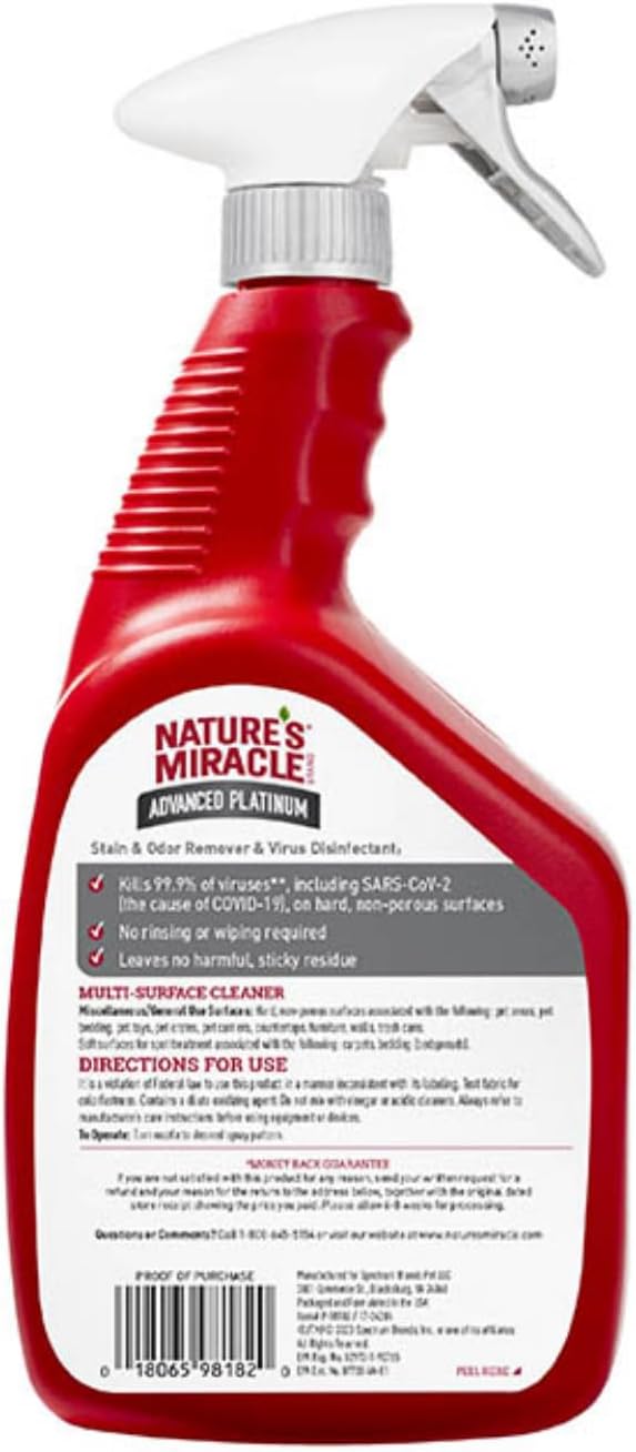Nature's Miracle Advanced Platinum Stain and Odor Remover and Virus Disinfectant 32 Ounces, Eliminates Tough Dog Messes (Pack of 2)