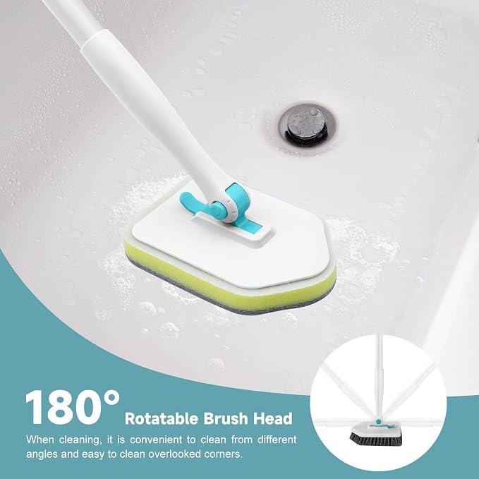 nacena Shower Scrubber with Long Handle, 4 in 1 Tile Tub Scrubber Brush with 3 Detachable Cleaning Shower Heads and Floor Squeegee Shower Cleaner Brush for Bathroom Kitchen Tub Sink Floor, Blue White