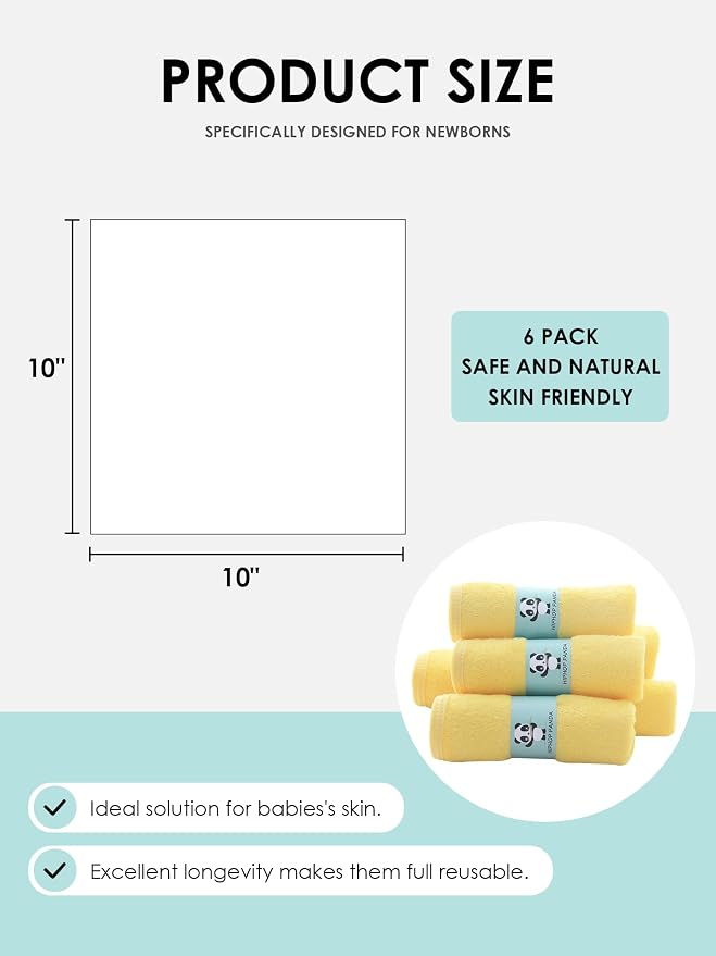 HIPHOP PANDA Baby Washcloths, Rayon Made from Bamboo - 2 Layer Ultra Soft Absorbent Newborn Bath Face Towel - Reusable Baby Wipes for Delicate Skin - Yellow, 6 Pack
