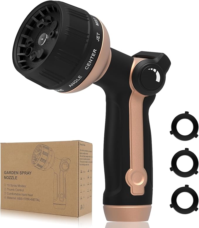 Garden Hose Nozzle Heavy Duty,Metal Water Hose Nozzle with 10 Adjustable Spray Patterns, High Pressure Hose Sprayer Nozzle Thumb Control On Off Valve for Lawn & Plant Watering, Car & Pet Washing