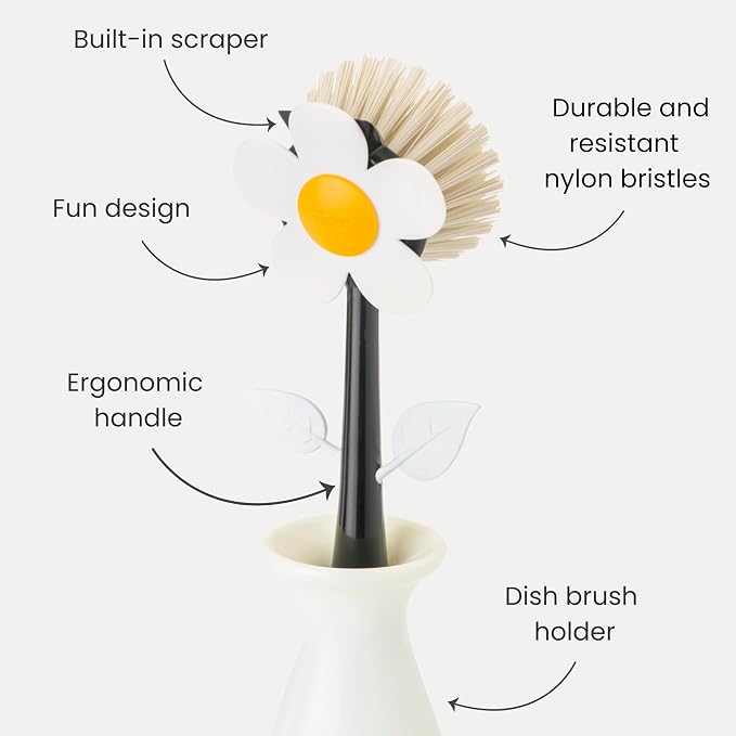 Vigar Flower Power Dish Brush - Flower-Shaped, Dish Brush with Handle and Vase Holder, Scrub Brush for Dishes, Dishwashing Brush, Kitchen Scrub Brush, Pot Scrubber, Kitchen Essentials - White, Black