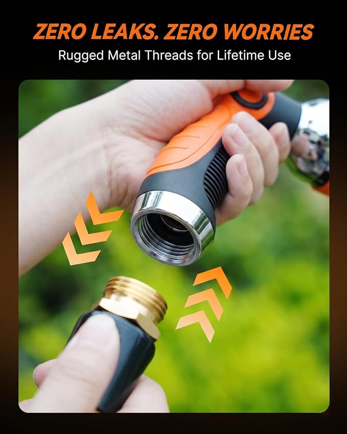 Garden Hose Nozzle Heavy Duty, Metal Water Hose Sprayer with 10 Adjustable Spray Patterns, Thumb Control On Off Valve, High Pressure Hose Nozzle for Watering, Car Washing & Pet Shower - Orange