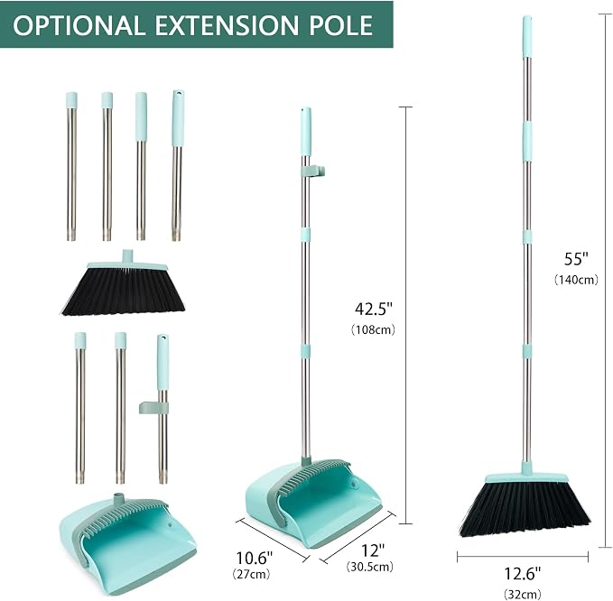 Broom and Dustpan Combo Set,55" Long Handle,Green | Heavy Dust,Dustpans with Broom Combo,House Accessories for Home, Kitchen,Office,Classroom,Apartment,Pet Hair