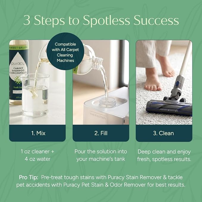 Puracy Carpet Cleaner Solution - Carpet Shampoo, Pet Stain & Odor Remover, Rug & Upholstery Cleaner, 4X Concentrated, Low Foam Shampooer Formula, Fresh Linen, 25oz