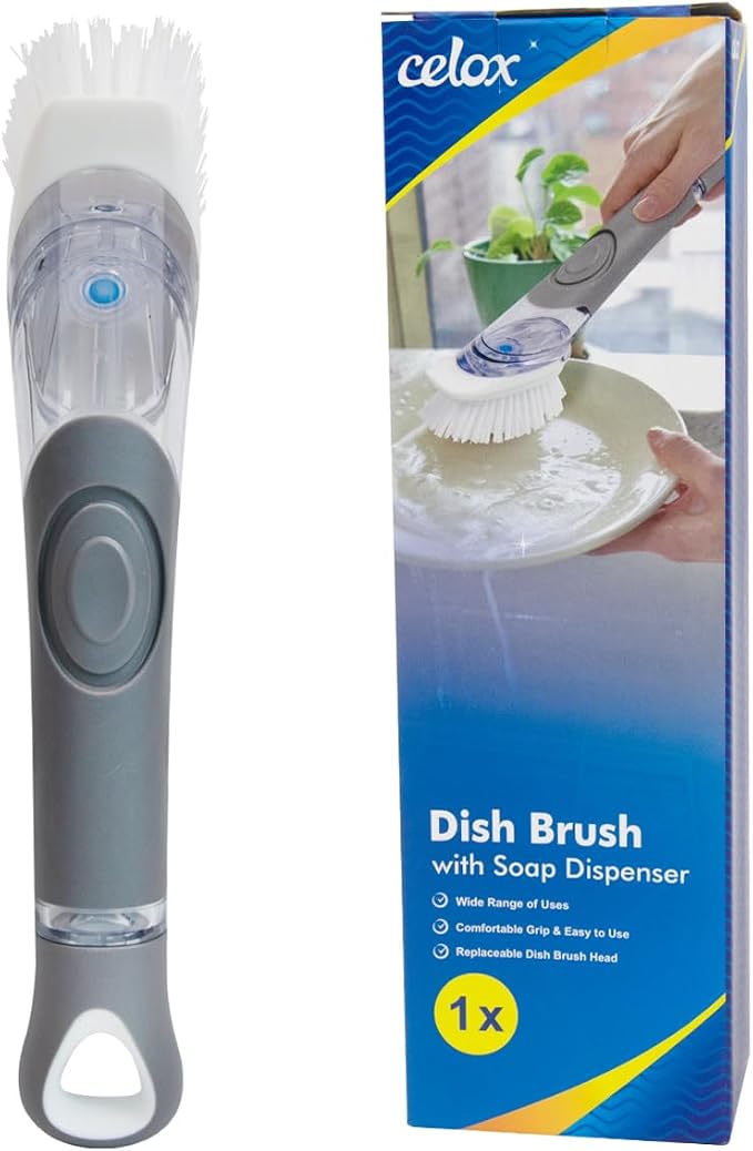 CELOX Soap Dispensing Dish Brush, Kitchen Brush for Dish Pot Pan Sink Cleaning, Gray