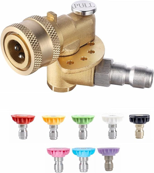 Meteor Blast Pivoting Coupler with 8 pressure washer nozzle tips 2.5gpm, 5 Angles 120 degree, heavy duty design and Stainless Steel Safety Lock, Clean Hard to Reach Area, 5000PSI, 1/4” Quick connect