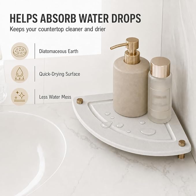Corner Counter Shelf, Water Absorbing Stone Drying Tray Mat for Kitchen & Bathroom Sink, Diatomaceous Gold Faucet Coaster Soap Dish Rack Riser Dispenser Sponge Holder, Beige, 8.5" x 8.5"