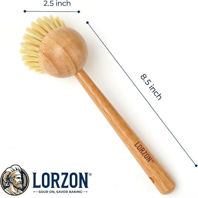 Lorzon 2 Pack Dish Brush with Handle, Bamboo Dish Scrub Brush, Kitchen Brushes for Dishes, Scrubber, Pots, Pans, Sink, Dishwashing Cleaning Brush