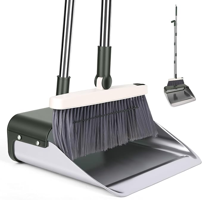 Broom with Dustpan Combo Set, Lightweight Standing Metal Dust Pan with Teeth, Home Essentials Suitable for Home Kitchen Lobby Room Office, Green