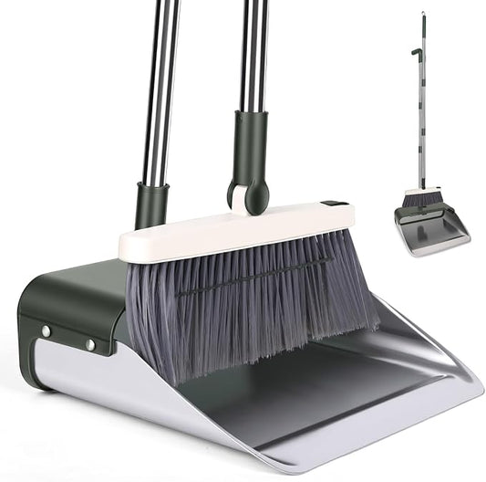 Broom with Dustpan Combo Set, Lightweight Standing Metal Dust Pan with Teeth, Home Essentials Suitable for Home Kitchen Lobby Room Office, Green