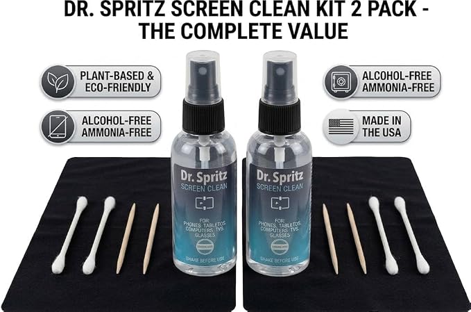 Dr. Spritz Screen Cleaner Spray (2 Pack) - Streak-Free Cleaning Kit for Laptop, MacBook, iPhone, Smart TV & Computer Monitor - Plant-Based & Alcohol-Free - Includes 2 Microfiber Cloths & Detail Tools