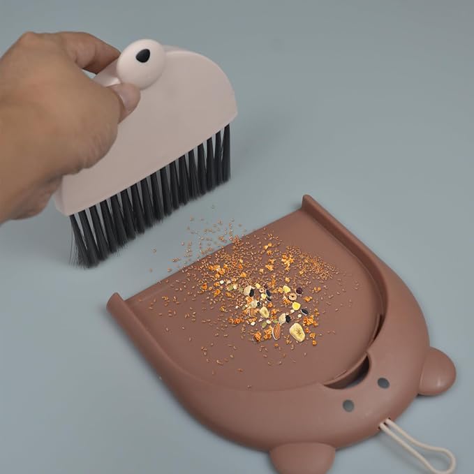 Mini Broom and Dustpan Set 6.2x6.3 Inches Compact Hand Broom for Desktop Table Countertop Car Office Kitchen Small Space Cleaning (Brown)