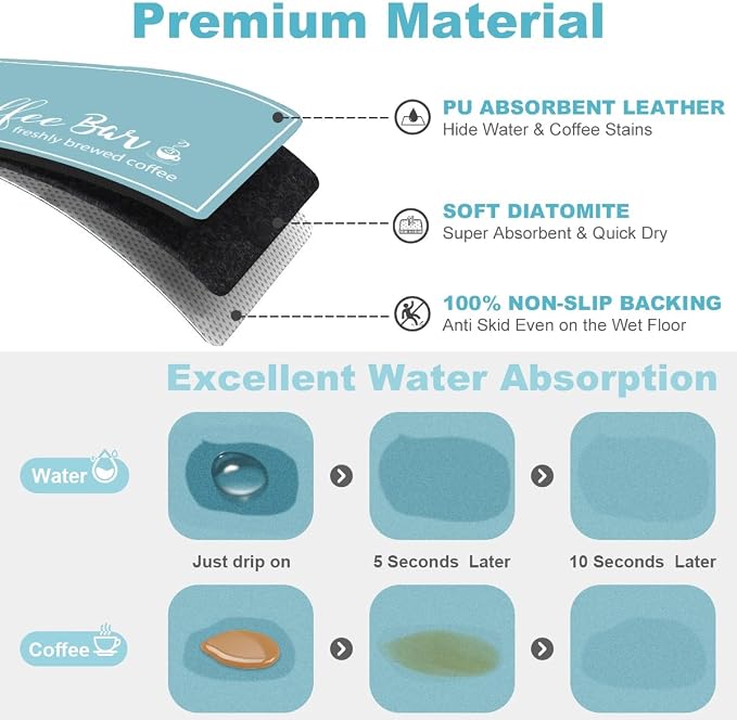 Findosom Dish Drying Mat, 18" x 24" Super Absorbent & Hide Stain Coffee Mat, Cuttable Drying Mat for Kitchen Counter, Coffee Bar Accessories, Under Dish Rack, Coffee Maker, Espresso Machine, Blue