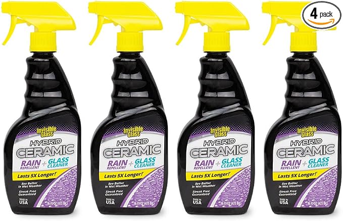 Invisible Glass 92183-4PK Hybrid Ceramic Rain Repellent and Glass Cleaner – Cleans & Protects Car Windows and Windshields with Long-Lasting Water-Repellent Si02 Technology – 16 fl oz (Pack of 4)