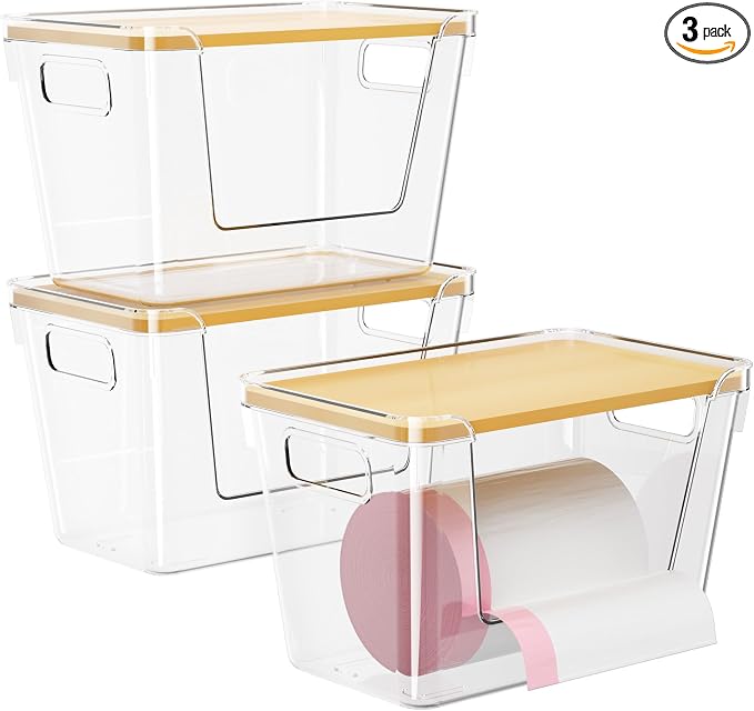 Delamu Acrylic Trash Bag Holder, 3 Pack Stackable Garbage Holder for 4-33 Gallon Bags, Clear Organizer Bins for Under Sink Organization, Pantry Storage, Cabinet, Kitchen, Laundry, Bathroom