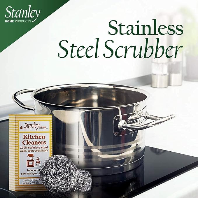 Stanley Home Products Stainless Steel Scrubbers – Rust Resistant Sponge for Pots, Pans, Grills, Ovens, Sinks and Tools – Metal Scrubbers for Kitchen & Garage Cleaning (1 Pack - 2 Count)
