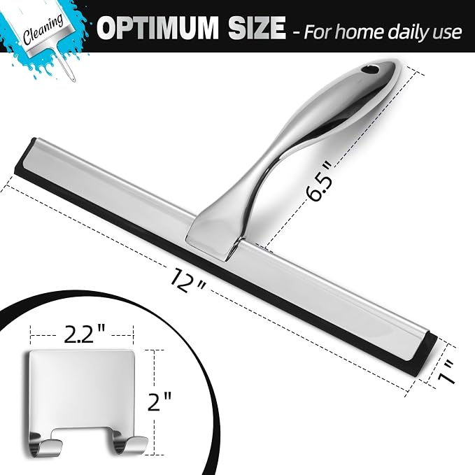 NETANY Shower Squeegee, 12-Inch Silver Squeegee, All-Purpose Stainless Steel Squeegee for Bathroom, Shower Doors, Mirrors, Tiles and Car Windows - 100% Streak Free