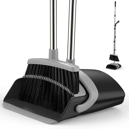Broom and Dustpan Set for Home, 51-in Long Adjustable Handle Angle Broom and Dustpan Combo Set with Dust Pan Teeth to Clean Hair for Home Kitchen Office Lobby Floor Garden (Black&Grey)