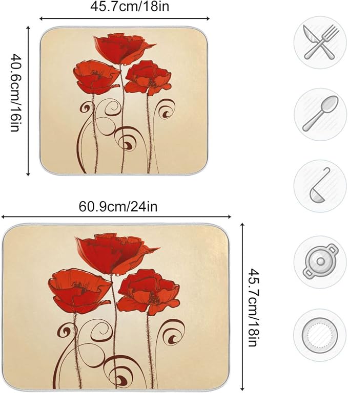 Super Absorbent Dish Drying Mat, Microfiber Fast-Drying Dish Mat, 24" x 18", Kitchen Dish Drying Pad, Red Poppy Flowers Retro