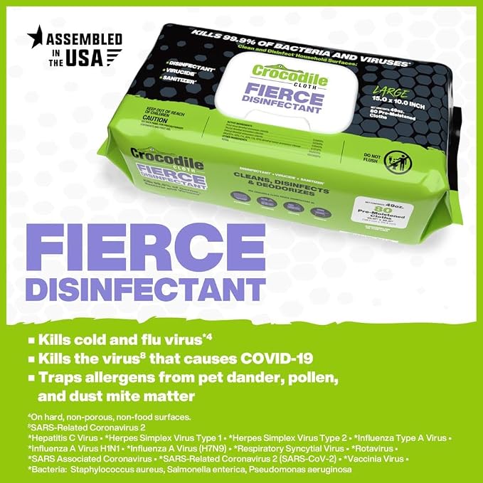 Crocodile Cloth Fierce Disinfectant Wipes - 80 Count 15" x 10" Multi-Surface Disinfecting Cleaning Cloths For Kitchens, Bathrooms, Offices & Schools