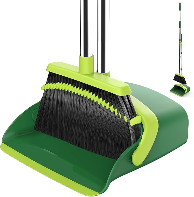 NACENA Broom and Dustpan Set with 52-in Long Adjustable Handle, Green | Broom Dustpan Combo with Dustpan Teeth to Automatically Clean Hair Suitable for Home Kitchen Office Hall Floor