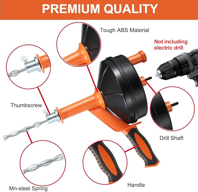 Drain Auger, Clog Remover with Drill Adapter, 25 Feet Flexible Plumbing Snake Use Manually or Powered for Kitchen, Bathroom and Shower Sink, Comes with Gloves (orange)
