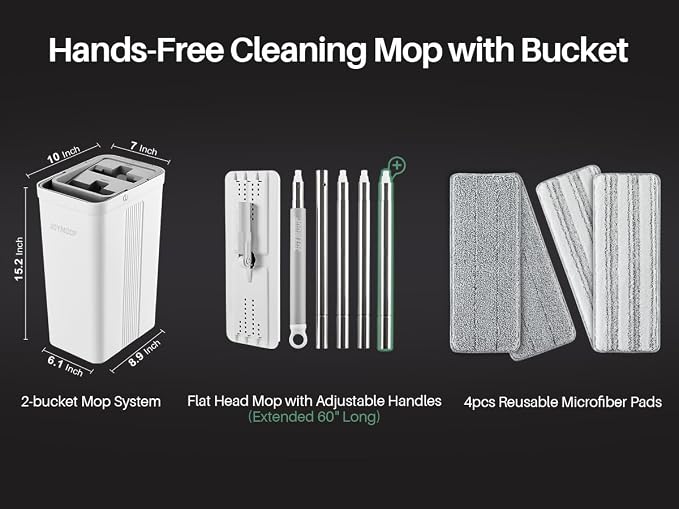 JOYMOOP Flat Mop System, Microfiber Mop and Bucket Set, White, Commercial & Household Use, Hardwood Floor & Wall Cleaning Mop with Long Handle, 4 Microfiber Pads