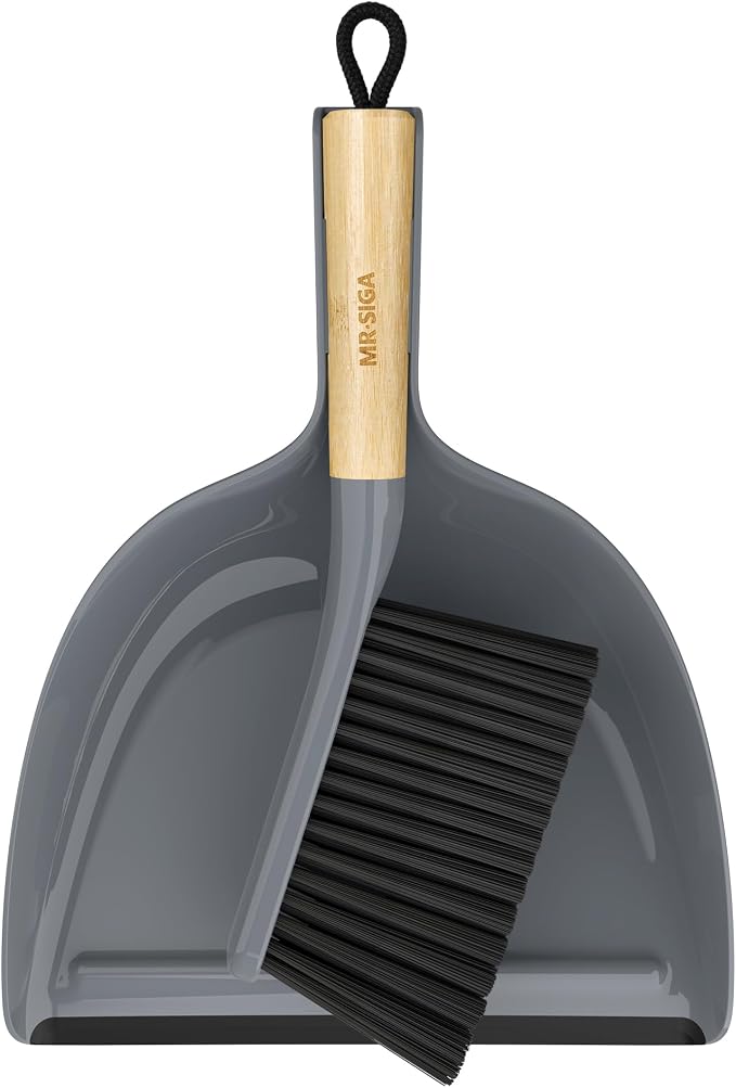 MR.SIGA Dustpan and Brush Set, Bamboo Handle, Gray, 1 Set | Handheld brush and dustpan combo with hanging loop, small broom and dustpan set