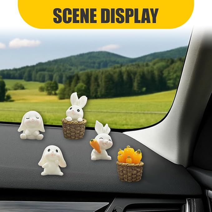 5PCS Cute Mini Rabbit Car Dashboard Decorations, Resin Cartoon Figurine Set for Rear View Mirror & Center Console Ornaments, Funny Car Interior Accessories for Home Office Desk (Rabbit)