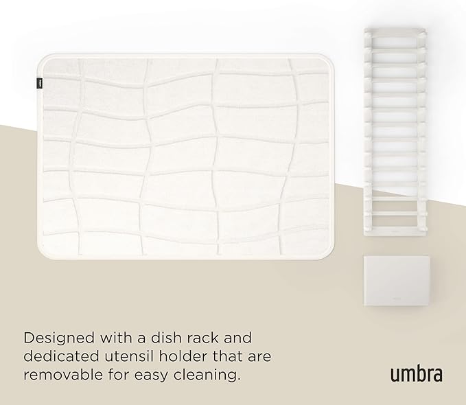 Umbra UDry Dish Drying Rack with Mat – Kitchen Countertop Dish Drainer & Absorbent Microfiber Drying Mat, Foldable Dish Rack Organizer for Plates, Cups & Utensils, Sand