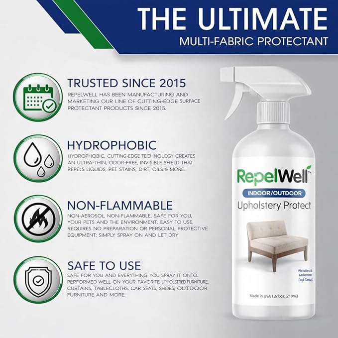 Non Toxic Fabric Protector Spray for Upholstery & Furniture, 24 oz | Helps repel water, coffee, wine, food, dirt and everyday spills from upholstery.