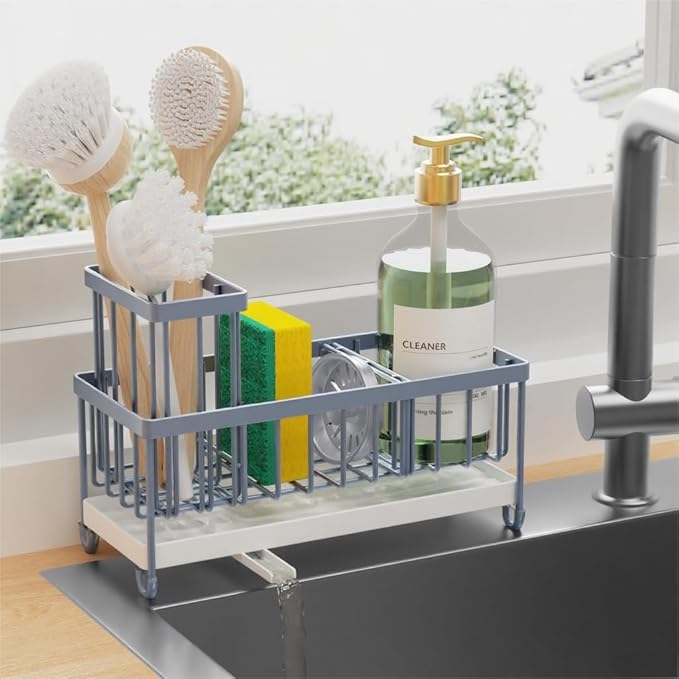 Cisily Sponge Holder for Kitchen Sink, Sink Caddy Organizer with High Brush Holder, Kitchen Countertop Organizers and Storage Essentials, Rustproof 304 Stainless Steel (Gray Blue, 9.25″)