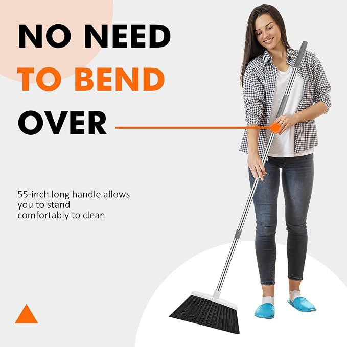 Heavy Duty Broom, 55 Inch Long Handle Outdoor Large Angle Brooms, Commercial Broom for Sweeping Indoor, for Home Garage Kitchen Office Courtyard Lobby Patio Lawn Concrete(Grey&White)