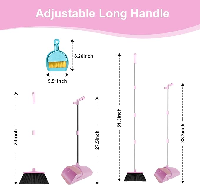 Pink Broom and Dustpan Combo Set, 51" Long Handle Broom with Mini Set | Mini Set for Tables, Kitchens & Tight Spaces, Built-in Comb Dustpan, Foldable Space-Saving Storage, Multi-Surface Use