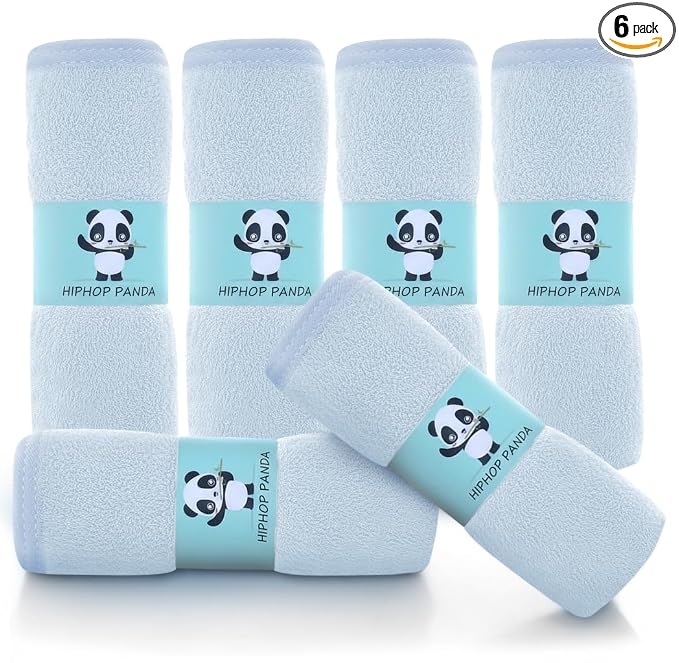 HIPHOP PANDA Baby Washcloths, Rayon Made from Bamboo - 2 Layer Ultra Soft Absorbent Newborn Bath Face Towel - Reusable Baby Wipes for Delicate Skin - Blue, 6 Pack