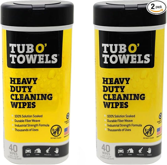 Tub O' Towels Heavy-Duty Multi-Surface Cleaning Wipes, 7" x 8", 40 Count Canister, Removes Grease, Grime, Tough Stains, Durable Disposable White Wipes for Home, Garage, Outdoor Cleaning Tasks, 2-Pack