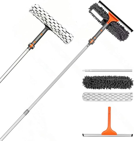 LEVELEVE 2-in-1 Window Squeegee for Home, 62" Extension Pole Window Cleaning Kit with Bendable Head, Professional Window Washing Equipment for High Indoor Outdoor Glass & Car (with 2 Cleaning Cloth)